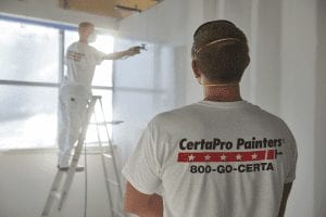 Commercial painter spraying a wall.
